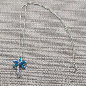 18 Inch Sterling Silver Blue Opal And CZ Palm Tree Pendant Necklace A5788